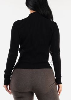 Black Color
Button details. Solid. 
Long Sleeve. Slip on style. No pockets. Mock Neck.  Knit Material made from 45% Viscose, 28% Nylon, 27% Acrylic Only dry clean Length from high point of shoulder to hem 22".   Imported
Measured from and model wearing size S/M 
 SKU: 40198H_F625BLK Black Fitted Button Sweater, Winter Business Casual Tops With Buttons, Black Button-up Sweater For Work, Black Turtleneck Cardigan For Work, Black Ribbed Outerwear For Work, Black Button-up Sweater With Pockets, Black Knit Tops With Button Closure, Solid Button Sweater For Work, Fitted Black Sweater With Pockets