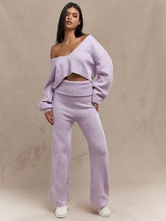 Knitted Crop Sweater And Wide Leg Pants Two Piece Co-Ord Set Mauve Purple Casual    Plain Pants Slight Stretch  Women Clothing, size features are:Bust: ,Length: ,Sleeve Length: Sweater And Wide Leg Pants, Knitted Crop Sweater, Crop Pullover, Hooded Cardigan Sweater, Plain Pants, Elastic Waistband Pants, Cropped Pullover, Crop Sweater, Hooded Cardigan