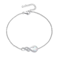 PRICES MAY VARY. ❤925 STERLING SILVER WITH WHITE GOLD PLATED❤ The pendant and chain are made of 925 sterling silver with real white gold plated surface. Hypoallergenic, lead and nickel free. The safe materials and oxidation resistance ensure your health and fashion. ❤BIRTHSTONE BRACELET FOR WOMEN❤ This infinity bracelet is set with synthetic opal and simulated diamonds, with a precision brilliant cut that allows the gems to shine. Opal in October represents luck and hope. This gem bracelet full Month Birthstones, Silver Pearl Bracelet, Beautiful Meaning, Infinity Pendant, Gems Bracelet, Garnet Bracelet, Birthstone Bracelet, Synthetic Opal, Gifts Jewelry