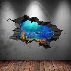 an underwater scene is shown through the hole in this wallpapered art piece, which depicts