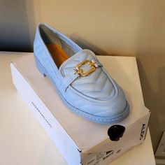 Quilted Baby Blue Loafers With Gold Hardware Nwt, True Size 9 Casual Blue Loafers With Round Toe, Casual Blue Loafers For Spring, Blue Round Toe Slip-ons For Work, Blue Closed Toe Loafers For Office, Blue Slip-on Loafers For Spring, Blue Flat Heel Slip-ons For Spring, Spring Blue Slip-ons With Flat Heel, Blue Flat Slip-ons For Spring, Blue Slip-on Flats With Round Toe