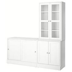 a white cabinet with glass doors and cupboards on the bottom, against a white background