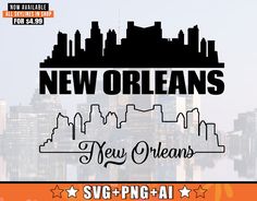 the new orleans skyline is shown in black on an orange and white background with stars