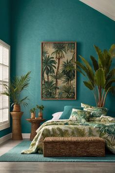 a bedroom painted in teal and green with palm trees on the wall above it