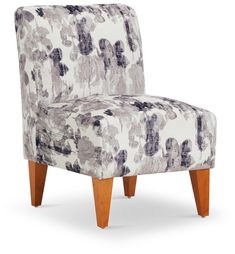 a gray and white chair with wooden legs