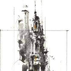 an ink drawing of a tall building with lots of spires on it's sides