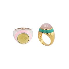 Our enamel rings are color-blocked with whimsy and fun. Cocktail rings are normally very serious, but we use color and various materials and gemstone cuts to bring excitement to the otherwise mundane. Material: 925 Silver, White Rhodium Plated and Pink Enamel Gemstones: Round Cut Cabochon Olive Quartz Weight: 9.8g Material: 925 Silver with 14K Yellow Gold Plated and Green Enamel Gemstones: Round Cabochon Peach Moonstone Weight: 9.8g Enamel Rings, Jewelry Stack, Stacked Jewelry, Peach Moonstone, Pink Enamel, Enamel Ring, Black Jewelry, Shoot Inspiration, Chic Jewelry