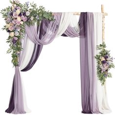 a purple and white wedding arch decorated with flowers