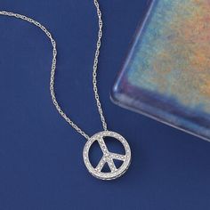 Ross-Simons - .10ct t. w. Diamond Peace Sign Pendant Necklace in Silver. 20". An RS exclusive. Radiate peace and happiness when you don this pendant necklace. The dazzling piece features a polished sterling silver peace sign with .10 ct. t. w. diamonds. Suspends from a rope chain. Springring clasp, diamond peace sign pendant necklace. Diamond birthstones are the perfect gift for April birthdays. Peace Sign Ring, Pendant Necklace Diamond, Peace Sign Necklace, Peace And Happiness, Diamond Birthstone, Fine Jewelery, Necklace Diamond, Ancient Symbols, Fine Jewellery Necklace