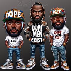 three black men wearing dope and dope t - shirts, one with the word dope on it