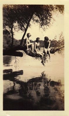 an old photo of three people sitting on a tree branch in the middle of water