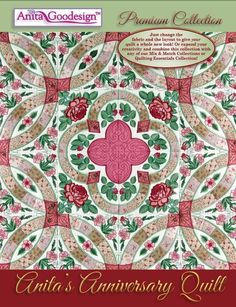 an ornate quilt pattern with red flowers and green leaves on the front, along with text that reads ann's anniversary quilt