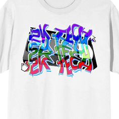 Celebrate your favorite decade with this 2K Tech tee. The shirt features an image of a VHS tape behind colorful letters that repeat the words, "2K Tech." The tee comes in a white short sleeve crew neck. Fans of the 90s will love this comfy cotton t-shirt. Urban Multicolor Graphic T-shirt, Urban Style Multicolor Graphic T-shirt, 90s Graffiti Print T-shirt For Streetwear, Multicolor Logo Print Top For Streetwear, Multicolor Crew Neck T-shirt With Logo Print, Multicolor Logo Print T-shirt For Streetwear, Urban Multicolor Graphic Tops, Multicolor Streetwear Tops With Screen Print, Graphic Tee Multicolor Tops For Streetwear