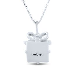 This delightful I Am Love gift box pendant is finely crafted in sterling silver and features a signature heart accent in 14K rose gold and sparkling diamond accents for added shine. | Gift Box Pendant Necklace with Diamond Accents | Sterling Silver and 14K Rose Gold | White | Size 18" | I Am Loved Rose Gold Necklace With Gift Box For Birthday, Jewelry With Gift Box For Birthday, Rose Gold Jewelry In Gift Box For Birthday, Valentine's Day Birthday Gift Wrapped Jewelry, Silver Jewelry With Gift Box For Birthday, Silver Necklace For Anniversary With Gift Box, Rose Gold Jewelry With Gift Box For Birthday, Jewelry Gift Box For Her On Mother's Day, Mother's Day Jewelry Gift Box For Her