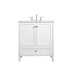 a white bathroom vanity with two sinks and drawers on the front, against a white background