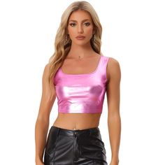 The shiny metallic crop top can be added to your party collection. It is suitable for parties, clubs, cocktails, nights out, and gatherings! The fashionable style highlights your torso well and shows your shoulders at the same time. The perfect eye-catching sleeveless crop top with metallic shining, allows you to shine on the night of the party. You can pair it with hot pants, a leather jacket, or a skirt for a charming look. Metallic Cropped Disco Crop Top, Metallic Fitted Trendy Crop Top, Trendy Fitted Metallic Crop Top, Y2k Pink Tank Top For Party, Y2k Style Pink Tank Top For Party, Metallic Crop Top For Summer Night Out, Metallic Shiny Crop Top For Party, Metallic Shiny Crop Top For Night Out, Shiny Crop Top For Night Out