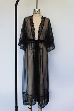 Black mesh robe Elegant Sheer Party Kimono, Sheer Fitted Party Robe, Elegant Sheer Robe For Party, Elegant Black Summer Robe, Black Summer Loungewear Robe, Fitted Sheer Lace Robe, Fitted Lace Robe With Sheer Details, Black Open Front Robe For Loungewear, Black Long Party Robe