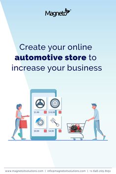 a man pushing a shopping cart with the words create your online automotive store to increase your business