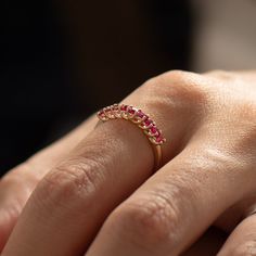 Natural Red ruby ring made in 14k / 18k yellow gold and set with 9, high-quality red rubies in a unique shared prong setting. This listing is for YELLOW GOLD. You can order other colors from the following links: ● White gold - https://www.etsy.com/listing/1602892856 ● Rose gold - https://www.etsy.com/listing/1602900458 ♦ GEMSTONE SPECIFICATIONS ♦ Type: Ruby Shape: Round Brilliant Pieces: 9 Total Carat Weight: 0.55 ct Color: Red ♦ All of our stones are 100% natural. ♦ We work with high-quality diamonds and gemstones, at the highest standards. ♦ The ring comes with our Jewelry certificate which we state all of the specifications of the ring and the stones. --DIMENSIONS-- The width is about 1.8 mm --CUSTOMIZATION-- ● We can adjust quality preferences or quality to budget - feel free to contac Luxury Ruby Eternity Band As A Gift, Elegant Ruby Eternity Band In Yellow Gold, Elegant Yellow Gold Ruby Eternity Band, Yellow Gold Diamond Ring With Rose Cut Ruby, Gold Ruby Eternity Band With Prong Setting, Yellow Gold Ruby Round Cut Eternity Band, Red Sapphire Ring With Brilliant Cut, Ruby Half Eternity Round Ring In Fine Jewelry Style, Luxury Ruby Half Eternity Ring For Anniversary