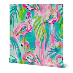 flamingos and palm leaves are featured in this colorful painting on the canvas, which is mounted