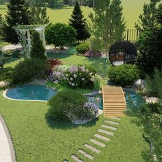 an aerial view of a garden with steps leading up to the pool and gazebo