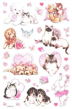 a bunch of dogs and cats stickers on a white surface with hearts, flowers, and other animals