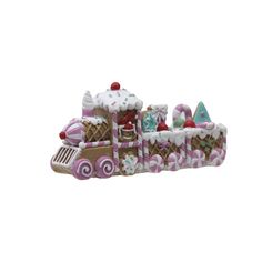 a pink and white train filled with lots of different types of food on top of it