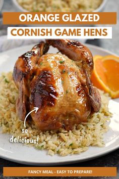 A glazed small hen sitting on a bed of rice pilaf with orange wedges on a plate. Game Hen Recipes, Broiled Salmon Recipes, Cornish Game Hen Recipes, Chicken Flavored Rice, Cornish Game Hens, Cornish Hen Recipe, Game Hens, Cornish Hen, Cornish Game Hen