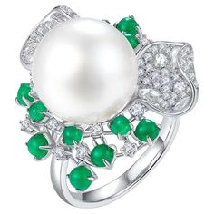 Jewellery Pearl, Emerald Cabochon, Emerald Diamond Ring, Contemporary Ring, Sea Pearl, White Gold Diamond Rings, South Seas, South Sea Pearls, Sea Pearls