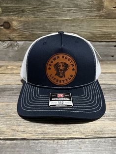 DOWN SOUTH LIFESTYLE LAB LEATHER PATCH TRUCKER HAT. Handmade in Savannah Georgia www.savannahmossco.com Richardson 112FP Navy/White Made on demand Leather Patch Hats, Patch Hats, Hat Handmade, Savannah Georgia, Down South, Leather Patches, Navy White, Savannah, Savannah Chat