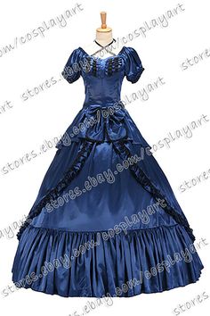 Blue Ball Gown For Fancy Dress, Ball Gown Dress With Ruffles For Costume, Blue Floor-length Dress For Costume Party, Fitted Blue Floor-length Victorian Dress, Fitted Floor-length Blue Victorian Dress, Blue Floor-length Dress For Fancy Dress, Blue Floor-length Fancy Dress, Fitted Vintage Ball Gown For Costume Party, Vintage Blue Ball Gown Dress