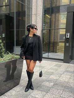 Long Black Boots Going Out Outfit, Blazer And High Boots, Blazer Skirt Knee High Boots, Bellow Knee Boots Outfit, Black Skirt And Black Blazer Outfit, Lbd Knee High Boots, Over The Knee Heels Outfit, Black Dress Black Blazer Outfit, Dressy Outfits With Knee High Boots