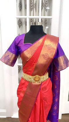 Elegant Kanchi Pattu saree with stitched blouse size 40 upto 44. fabric: kanchi semi silk color: coral red and purple Designer Red Paithani Silk Pre-draped Saree, Designer Red Paithani Silk Traditional Wear, Multicolor Paithani Silk Saree With Tilla Details, Multicolor Paithani Silk Saree With Tilla, Red Saree With Unstitched Blouse In Traditional Drape, Red Paithani Silk Pre-draped Saree With Unstitched Blouse, Red Pre-draped Saree With Unstitched Blouse In Paithani Silk, Designer Purple Saree With Unstitched Blouse, Designer Wear Purple Saree With Unstitched Blouse