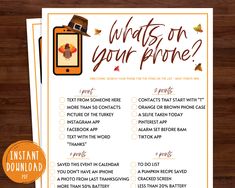 a printable thanksgiving game for kids with the text what's on your phone?