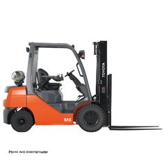 an orange forklift sitting on top of a white surface