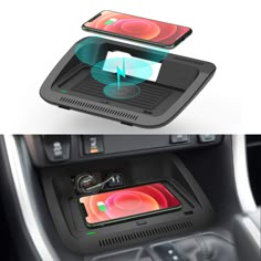 an image of the inside of a car with two cell phones on it and one in the center console