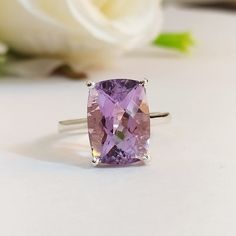 Natural Amethyst Solitaire Ring-emerald Cut Amethyst - Etsy Fine Jewelry Amethyst Ring With Vs Clarity, Sterling Silver Solitaire Gemstones For Anniversary, Elegant Sterling Silver Solitaire Gemstone, Elegant Solitaire Sterling Silver Gemstone, Classic Sterling Silver Amethyst Ring With Center Stone, Formal Amethyst Ring In Sterling Silver, Vs Clarity, Sterling Silver Solitaire Amethyst Ring Round Cut, Anniversary Rings With Prong Setting In Kunzite, Fine Jewelry Kunzite Ring For Anniversary