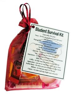 the student survival kit is packed in a red bag and tied up with a ribbon