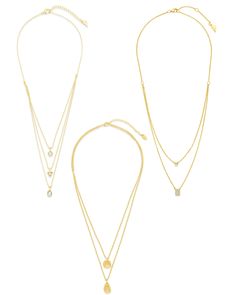 Indulge in luxury with our Jewelry Case & Layering Necklace Bundle. Three stunning necklaces, expertly layered, are elegantly displayed in a chic beige case. The perfect addition to your stylish collection. Organize, accessorize, and elevate your look with this exclusive bundle. 1. Beige Jewelry Travel Case Faux leather, microsuede, metal zipper 3.75" width x 3.75" length x 1.8" height 8 holes for earrings, 3 necklace hooks with pockets, metal zipper closure MSRP $65 2. Aldari Textured Layered C Luxury Multi-strand Necklace For Gift, Elegant Adjustable Double Strand Necklaces, Elegant Double Strand Adjustable Necklaces, Luxury Adjustable Gold-tone Necklace, Elegant Adjustable Double Strand Necklace, Elegant Double Strand Adjustable Necklace, Luxury Necklaces With Adjustable Chain For Layering, Elegant Silver Layered Necklace For Gift, Elegant Double Strand Gold-tone Necklaces