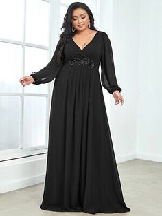 Trendy Fashion Plus Size Elegant Chiffon V-Neckline Long Sleeve Formal Evening Dress, Women's Dresses Long Sleeve Evening Gowns, Formal Evening Dress, Chiffon Evening Dresses, Vestido Plus Size, Long Sleeve Evening Dresses, Evening Dresses Plus Size, Affordable Dresses, Black Evening Dresses, Maxi Dress Formal