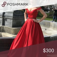 Red Satin Formal Evening Dress, Red Ball Gown For Formal Occasions, Red Ball Gown For Gala, Red V-neck Cocktail Gown, Red Formal Evening Dress For Prom Season, Red Formal Evening Dress For Prom, Red Cocktail Gown For Prom Season, Red Evening Gown For Spring, Red Formal Dresses For Prom Season