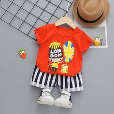 2-piece Cartoon Design T-shirt & Shorts for Children Boy - PrettyKid Playful Summer Sets With Letter Print, Summer Playful Letter Print Sets, Playful Summer Letter Print Sets, Cute Letter Print Summer Sets, Summer Letter Print Sets For Playtime, Summer Letter Print Playtime Set, Summer Playtime Sets With Letter Print, Playful Cotton Short Set For Summer, Multicolor Short Sleeve Short Set For Spring