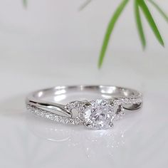 a white gold engagement ring with two diamonds on the side and a green plant in the background