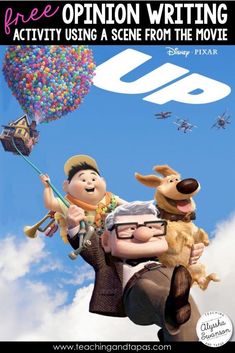 the poster for up with characters and balloons in the sky