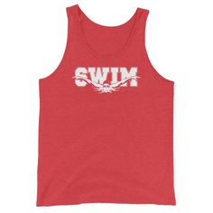 unisex tank top with swim graphic print Casual Sleeveless Tops For Swimming, Sleeveless Tank Top For Swimming In Summer, Basic Summer Racerback Activewear, Basic Racerback Activewear For Summer, Basic Summer Activewear Racerback, Sleeveless Cotton Swimwear, Sporty Racerback Top For Swimming, Red Moisture-wicking Tank Top For Gym, Casual Fitted Tank Top For Swimming