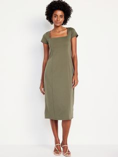 square neck short sleeves hidden side zipper princess seams fitted hits mid-calf models are approx.  5'9" and wear sizes s (4), l (12), and xl (18)machine wash according to the care instruction label Green Ribbed Dress, Petite Midi Dress, Midi Dress Green, Chic Pants, Feminine Blouses, Ribbed Dress, Square Neck Dress, Princess Seams, Green Midi Dress