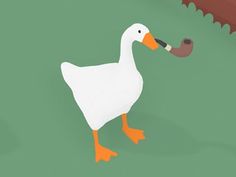 a white duck with a pipe in its mouth is standing on the green ground next to an umbrella