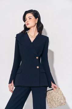 Utah Asymmetric Collar Suiting Jacket MEAN BLVD Graduation Suits For Women, Button Stitch, Oversized Blazers, Elegant Outfit Classy, Elegant Blazers, Mean Blvd, Hourglass Silhouette, Crepe Top, Woman Suit Fashion