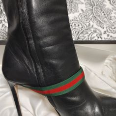 Size 40 Black Leather Gucci Boots. Great Shape Gucci Black Evening Boots, Designer Gucci Evening Boots, Designer Gucci Boots For Evening, Luxury Black Ankle Strap Boots, Gucci Black Boots With Reinforced Heel, Gucci Fitted Boots For Party, Chic Black Gucci Boots, Gucci Fitted Party Boots, Black Gucci Boots With Branded Heel