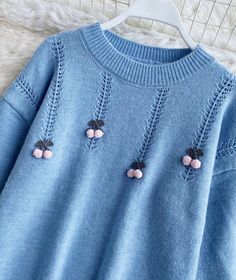 Cute round neck long sleeve sweater cherry sweater Fabric: blended Color: blue, pink, white Size: free size length 59 bust 100-118 sleeve length 46 Cherry Sweater, Sweater Fabric, Sleeve Sweater, Long Sleeve Sweater, Free Size, Pink White, Round Neck, Color Blue, Cherry